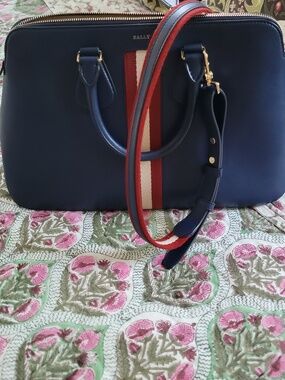 Bally Navy Leather Top-Handle Satchel with Red & White Stripe Strap
